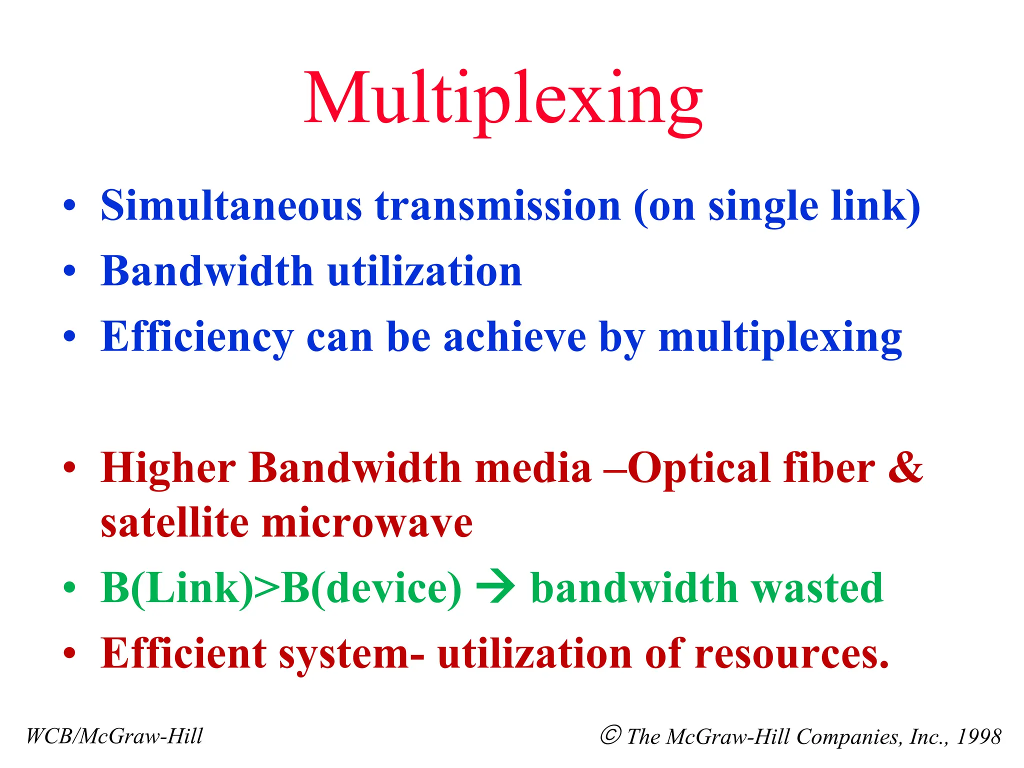Multiplexing
• Simultaneous transmission (on single link)
• Bandwidth utilization
• Efficiency can be achieve by multiplexing
• Higher Bandwidth media –Optical fiber &
satellite microwave
• B(Link)>B(device)  bandwidth wasted
• Efficient system- utilization of resources.
WCB/McGraw-Hill  The McGraw-Hill Companies, Inc., 1998
 