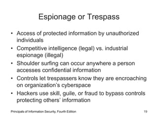 Espionage or Trespass
• Access of protected information by unauthorized
individuals
• Competitive intelligence (legal) vs. industrial
espionage (illegal)
• Shoulder surfing can occur anywhere a person
accesses confidential information
• Controls let trespassers know they are encroaching
on organization’s cyberspace
• Hackers use skill, guile, or fraud to bypass controls
protecting others’ information
Principals of Information Security, Fourth Edition 19
 