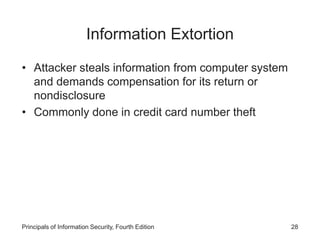 Information Extortion
• Attacker steals information from computer system
and demands compensation for its return or
nondisclosure
• Commonly done in credit card number theft
Principals of Information Security, Fourth Edition 28
 