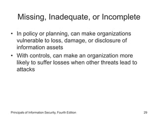 Missing, Inadequate, or Incomplete
• In policy or planning, can make organizations
vulnerable to loss, damage, or disclosure of
information assets
• With controls, can make an organization more
likely to suffer losses when other threats lead to
attacks
Principals of Information Security, Fourth Edition 29
 