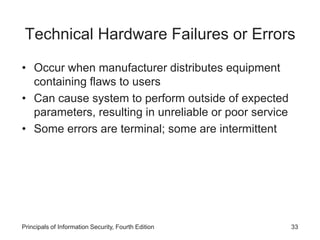 Technical Hardware Failures or Errors
• Occur when manufacturer distributes equipment
containing flaws to users
• Can cause system to perform outside of expected
parameters, resulting in unreliable or poor service
• Some errors are terminal; some are intermittent
Principals of Information Security, Fourth Edition 33
 