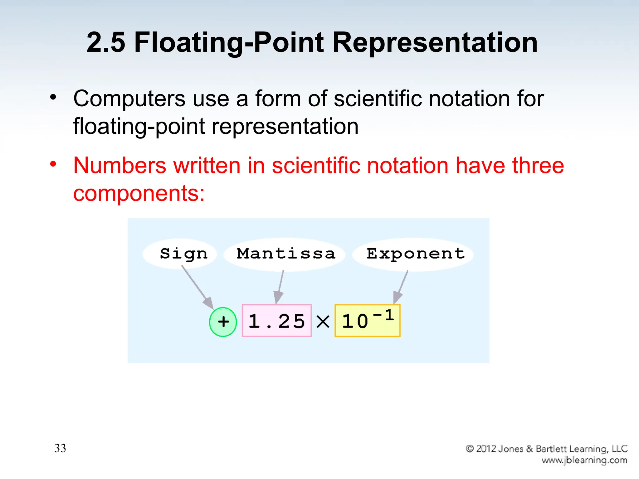 33
• Computers use a form of scientific notation for
floating-point representation
• Numbers written in scientific notation have three
components:
2.5 Floating-Point Representation
 