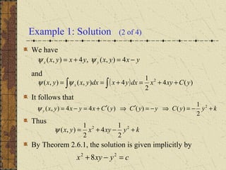 Example 1: Solution (2 of 4)
We have
and
It follows that
Thus
By Theorem 2.6.1, the solution is given implicitly by
yxyxyxyx yx −=+= 4),(,4),( ψψ
( ) )(4
2
1
4),(),( 2
yCxyxdxyxdxyxyx x ++=+== ∫∫ψψ
kyyCyyCyCxyxyxy +−=⇒−=′⇒′+=−= 2
2
1
)()()(44),(ψ
kyxyxyx +−+= 22
2
1
4
2
1
),(ψ
cyxyx =−+ 22
8
 