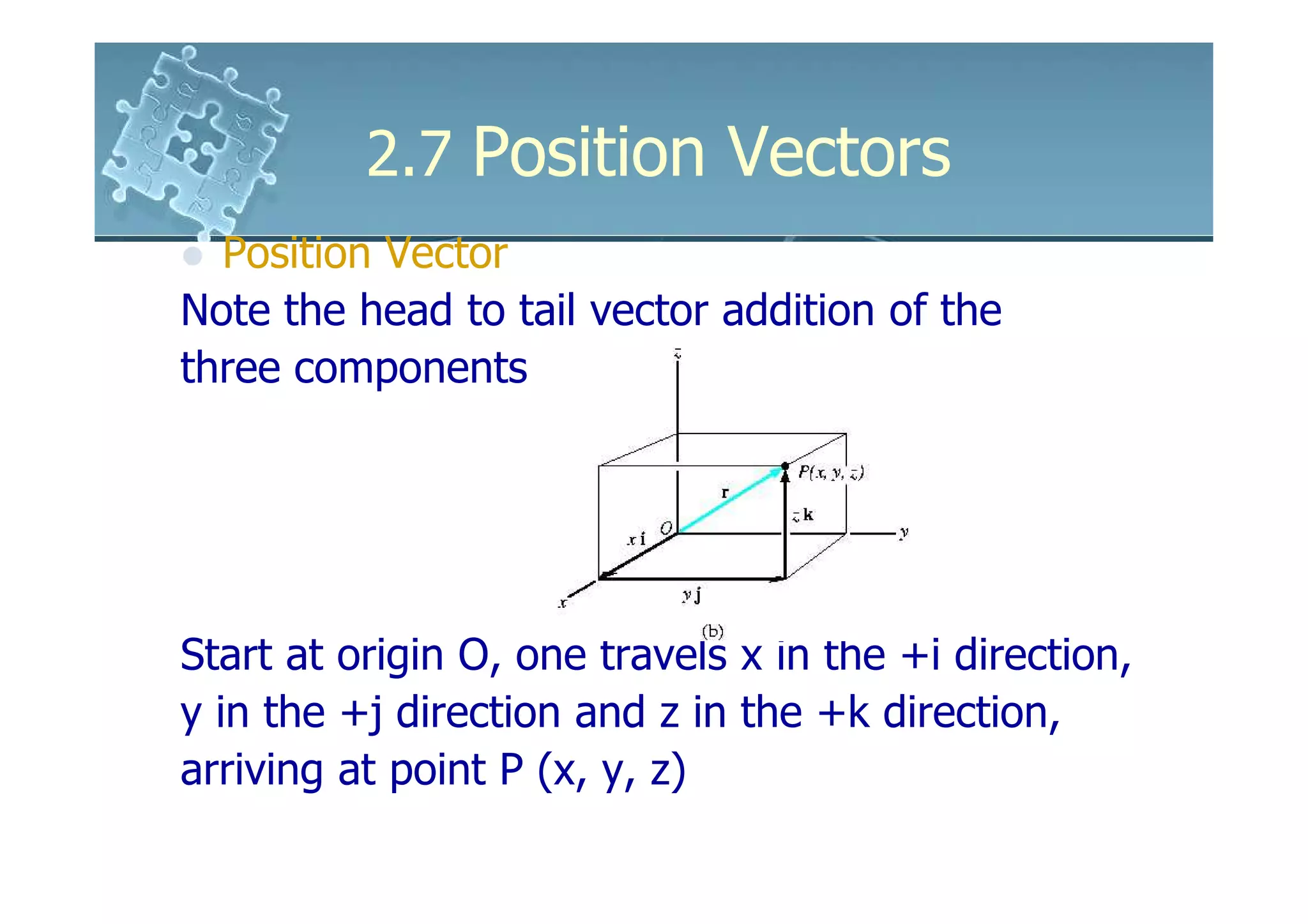 2.7 Position Vectors
  Position Vector
Note the head to tail vector addition of the
three components




Start at origin O, one travels x in the +i direction,
y in the +j direction and z in the +k direction,
arriving at point P (x, y, z)
 
