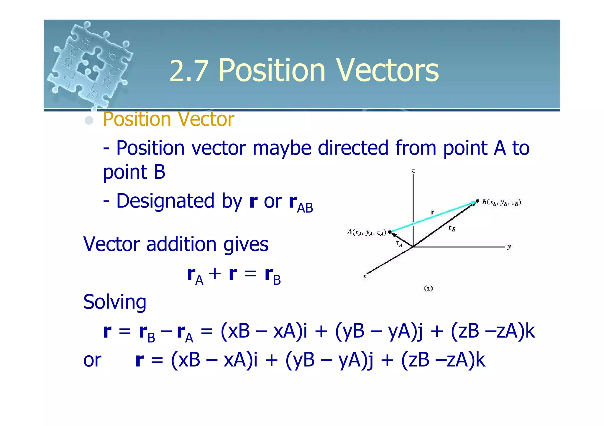 2.7 Position Vectors
  Position Vector
  - Position vector maybe directed from point A to
  point B
  - Designated by r or rAB

Vector addition gives
             rA + r = rB
Solving
   r = rB – rA = (xB – xA)i + (yB – yA)j + (zB –zA)k
or    r = (xB – xA)i + (yB – yA)j + (zB –zA)k
 