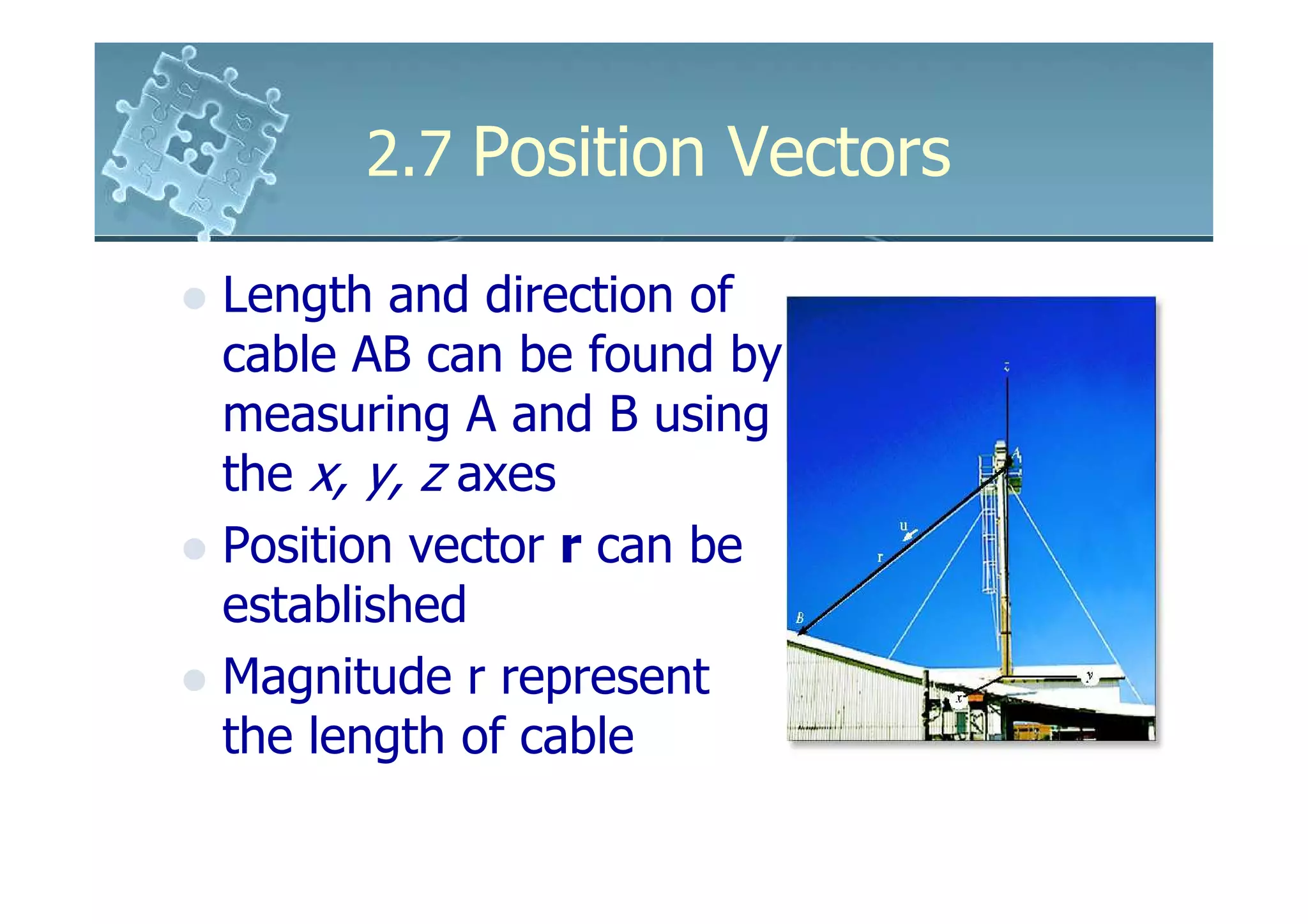 2.7 Position Vectors

Length and direction of
cable AB can be found by
measuring A and B using
the x, y, z axes
Position vector r can be
established
Magnitude r represent
the length of cable
 