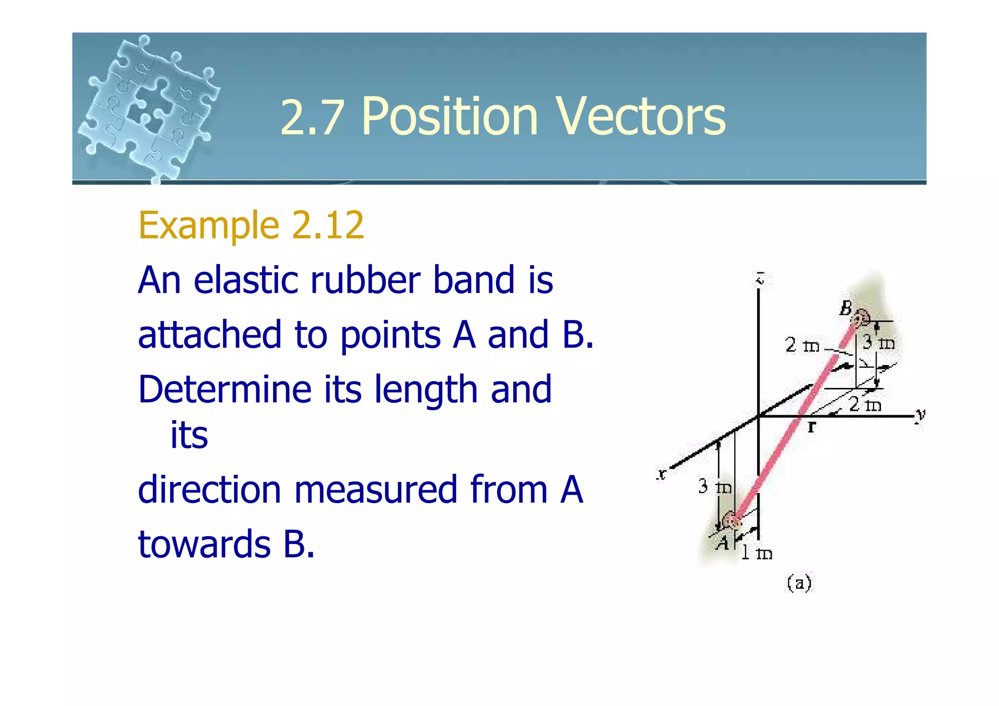 2.7 Position Vectors

Example 2.12
An elastic rubber band is
attached to points A and B.
Determine its length and
  its
direction measured from A
towards B.
 