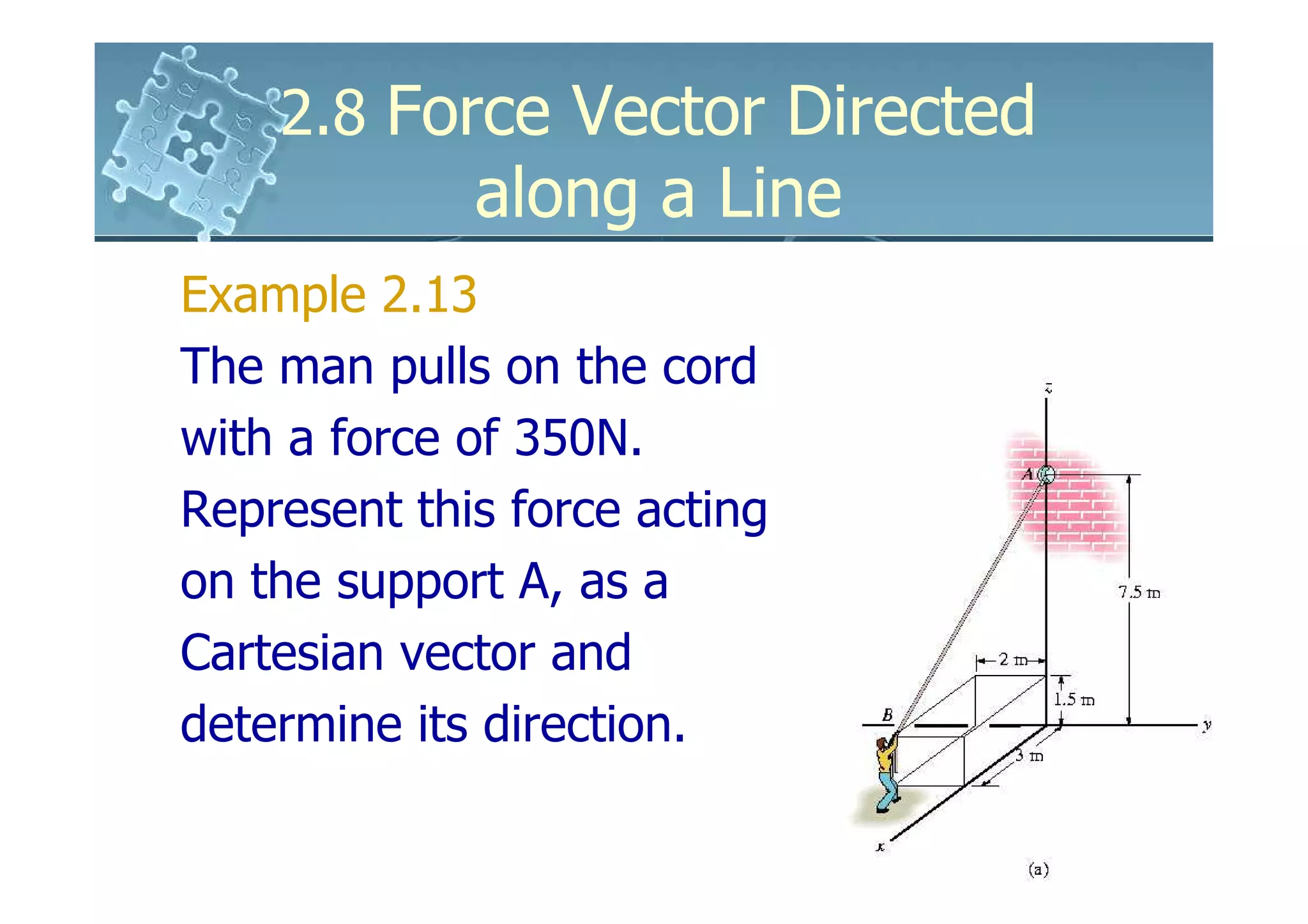 2.8 Force Vector Directed
             along a Line
Example 2.13
The man pulls on the cord
with a force of 350N.
Represent this force acting
on the support A, as a
Cartesian vector and
determine its direction.
 