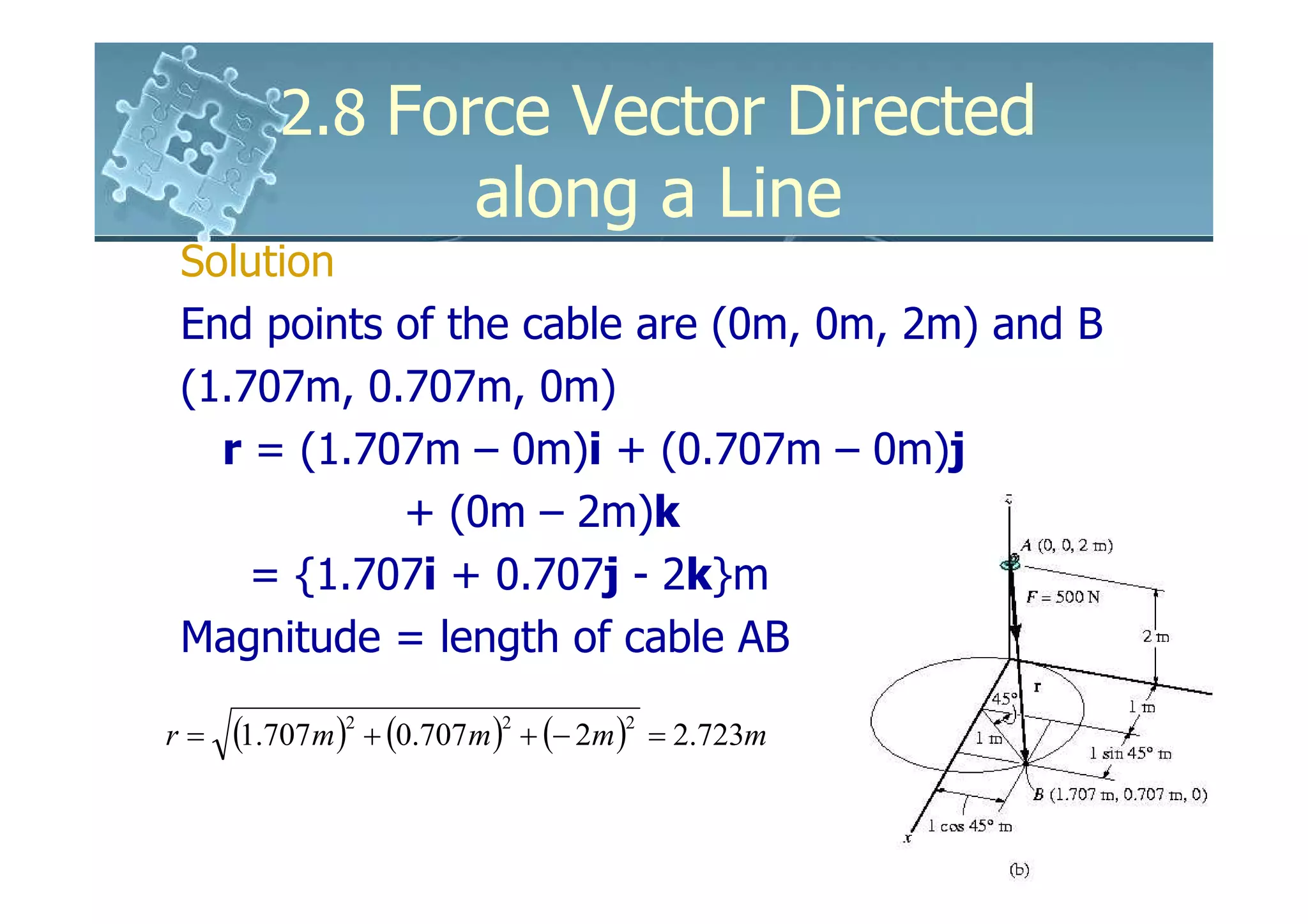2.8 Force Vector Directed
                         along a Line
Solution
End points of the cable are (0m, 0m, 2m) and B
(1.707m, 0.707m, 0m)
  r = (1.707m – 0m)i + (0.707m – 0m)j
           + (0m – 2m)k
    = {1.707i + 0.707j - 2k}m
Magnitude = length of cable AB

r=   (1.707m )2 + (0.707m )2 + (− 2m )2   = 2.723m
 