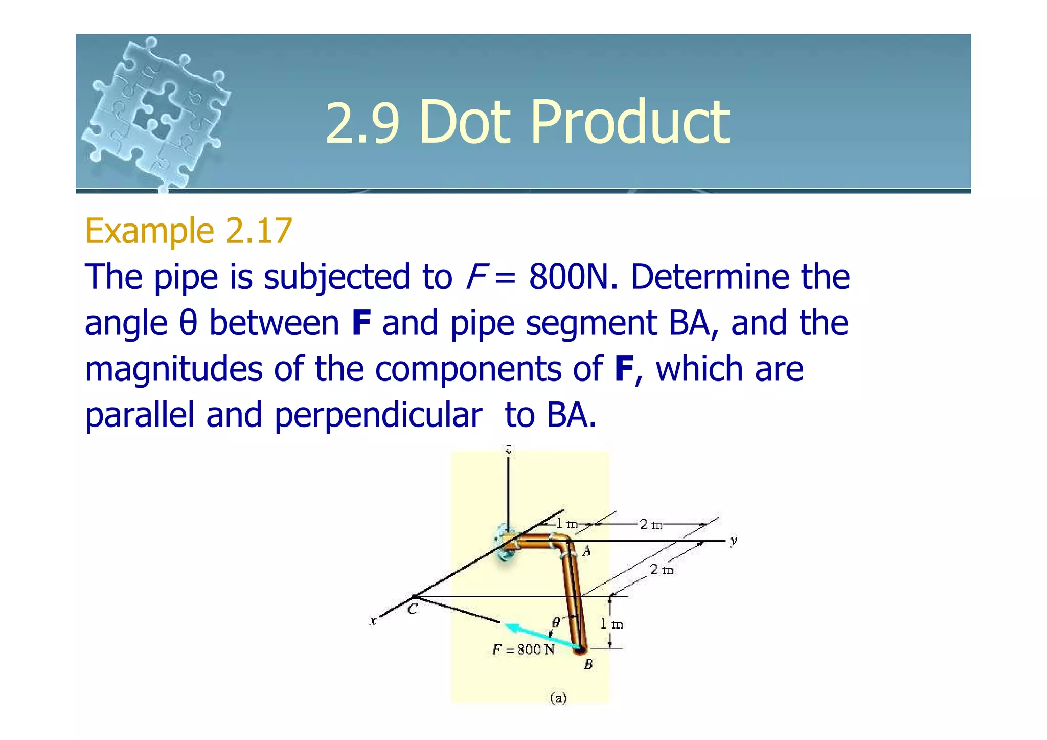 2.9 Dot Product
Example 2.17
The pipe is subjected to F = 800N. Determine the
angle θ between F and pipe segment BA, and the
magnitudes of the components of F, which are
parallel and perpendicular to BA.
 