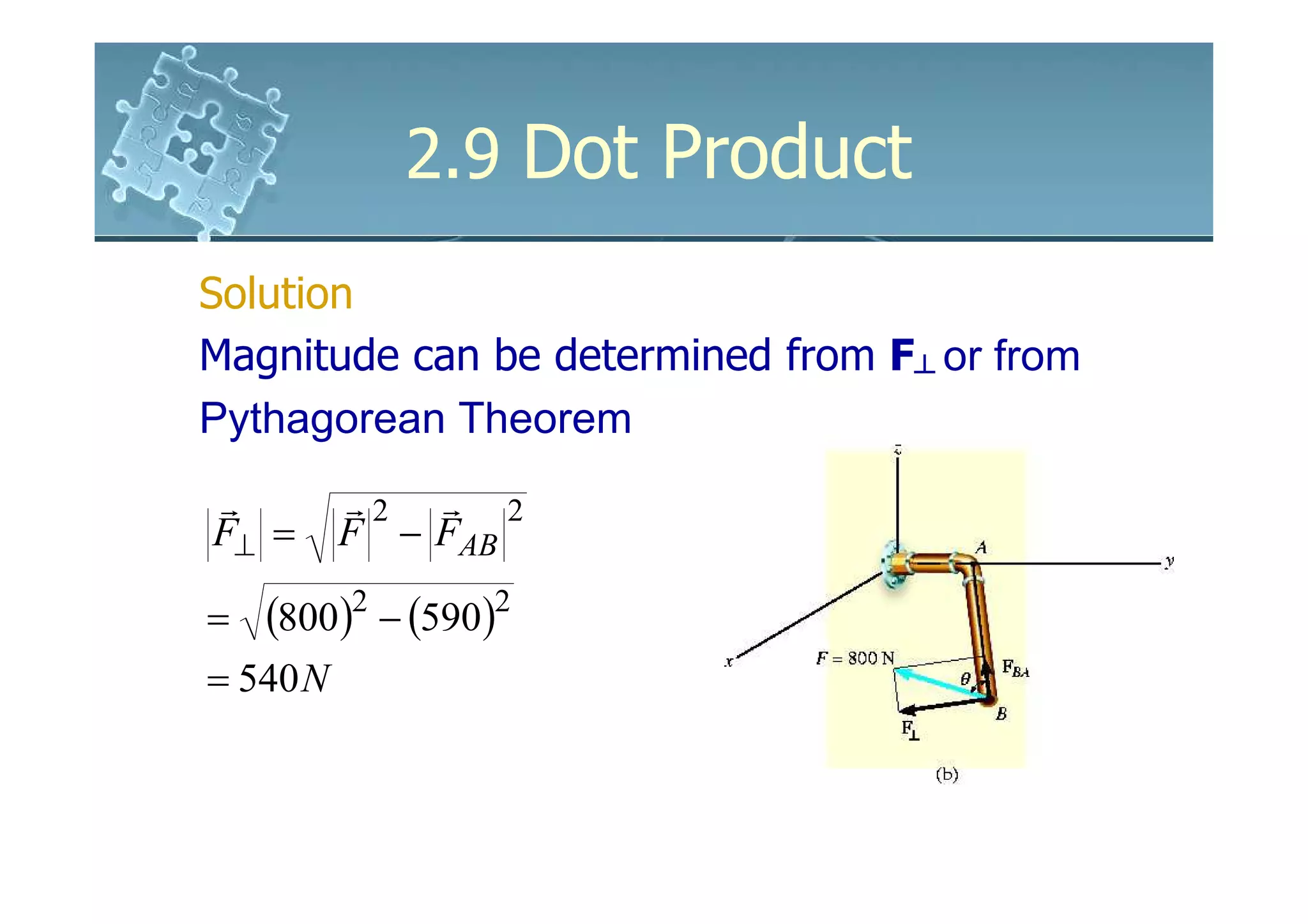 2.9 Dot Product
Solution
Magnitude can be determined from F┴ or from
Pythagorean Theorem
r         r2 r 2
F⊥ =      F − FAB

=   (800)2 − (590)2
= 540 N
 