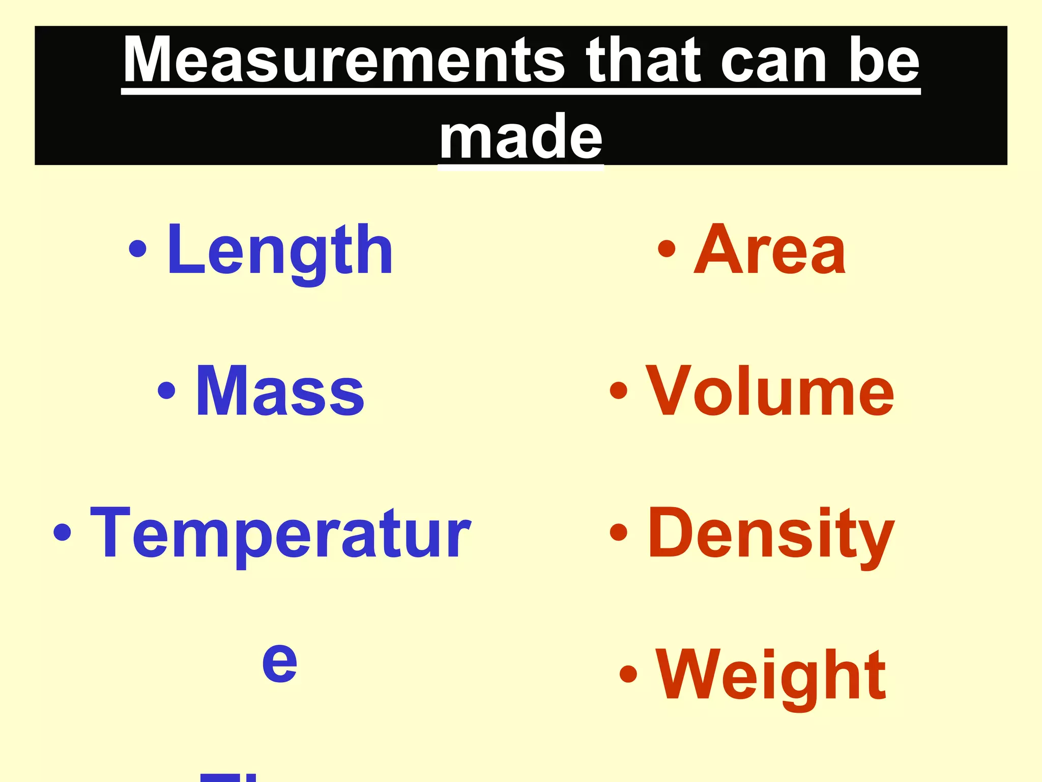 Measurements that can be madeLengthMassTemperatureTimeAreaVolumeDensityWeight