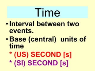 TimeInterval between two events.Base (central)  units of time* (US) SECOND [s]* (SI) SECOND [s]