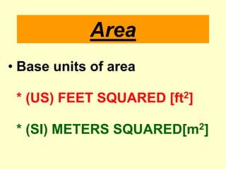 AreaBase units of area* (US) FEET SQUARED [ft2]* (SI) METERS SQUARED[m2]