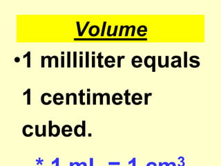 Volume1 milliliter equals	1 centimeter cubed.* 1 mL = 1 cm3
