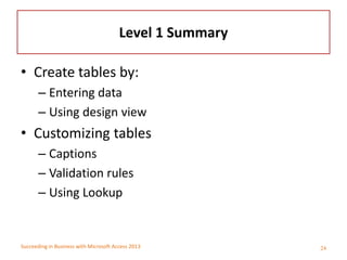 Succeeding in Business with Microsoft Access 2013
Level 1 Summary
• Create tables by:
– Entering data
– Using design view
...