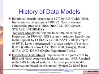 Elmasri and Navathe, Fundamentals of Database Systems, Fourth Edition
Copyright © 2004 Pearson Education, Inc.
Slide 2-34
History of Data Models
⚫ Relational Model: proposed in 1970 by E.F. Codd (IBM),
first commercial system in 1981-82. Now in several
commercial products (DB2, ORACLE, SQL Server,
SYBASE, INFORMIX).
Network Model: the first one to be implemented by
Honeywell in 1964-65 (IDS System). Adopted heavily due
to the support by CODASYL (CODASYL - DBTG report
of 1971). Later implemented in a large variety of systems -
IDMS (Cullinet - now CA), DMS 1100 (Unisys), IMAGE
(H.P.), VAX -DBMS (Digital Equipment Corp.).
⚫ Hierarchical Data Model: implemented in a joint effort by
IBM and North American Rockwell around 1965. Resulted
in the IMS family of systems. The most popular model.
Other system based on this model: System 2k (SAS inc.)
6th Ed
 