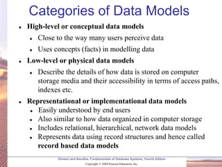 Elmasri and Navathe, Fundamentals of Database Systems, Fourth Edition
Copyright © 2004 Pearson Education, Inc.
Categories of Data Models
⚫ High-level or conceptual data models
⚫ Close to the way many users perceive data
⚫ Uses concepts (facts) in modelling data
⚫ Low-level or physical data models
⚫ Describe the details of how data is stored on computer
storage media and their accessibility in terms of access paths,
indexes etc.
⚫ Representational or implementational data models
⚫ Easily understood by end users
⚫ Also similar to how data organized in computer storage
⚫ Includes relational, hierarchical, network data models
⚫ Represents data using record structures and hence called
record based data models
 