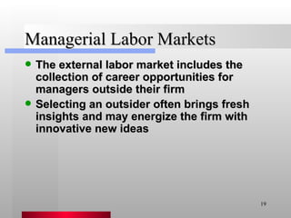 Managerial Labor Markets The external labor market includes the collection of career opportunities for managers outside their firm Selecting an outsider often brings fresh insights and may energize the firm with innovative new ideas 