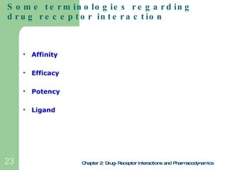 Some terminologies regarding drug receptor interaction <ul><li>Affinity </li></ul><ul><li>Efficacy </li></ul><ul><li>Poten...