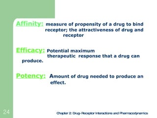 <ul><li>Affinity:   measure of propensity of a drug to bind    receptor; the attractiveness of drug and    receptor </li><...
