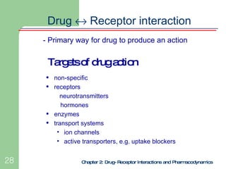 Chapter 2: Drug-Receptor Interactions and Pharmacodynamics <ul><ul><li>- Primary way for drug to produce an action </li></...