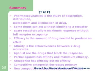 <ul><li>Summary </li></ul><ul><li>  (T or F) </li></ul><ul><li>Pharmacodynamics is the study of absorption, distribution, ...