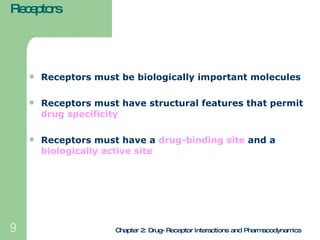 Receptors <ul><li>Receptors must be biologically important molecules </li></ul><ul><li>Receptors must have structural feat...