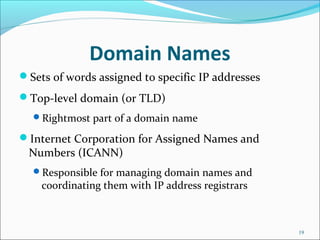 Domain Names
Sets of words assigned to specific IP addresses
Top-level domain (or TLD)
Rightmost part of a domain name
Internet Corporation for Assigned Names and
Numbers (ICANN)
Responsible for managing domain names and
coordinating them with IP address registrars
19
 