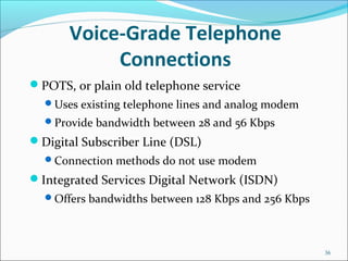 Voice-Grade Telephone
Connections
POTS, or plain old telephone service
Uses existing telephone lines and analog modem
Provide bandwidth between 28 and 56 Kbps
Digital Subscriber Line (DSL)
Connection methods do not use modem
Integrated Services Digital Network (ISDN)
Offers bandwidths between 128 Kbps and 256 Kbps
36
 