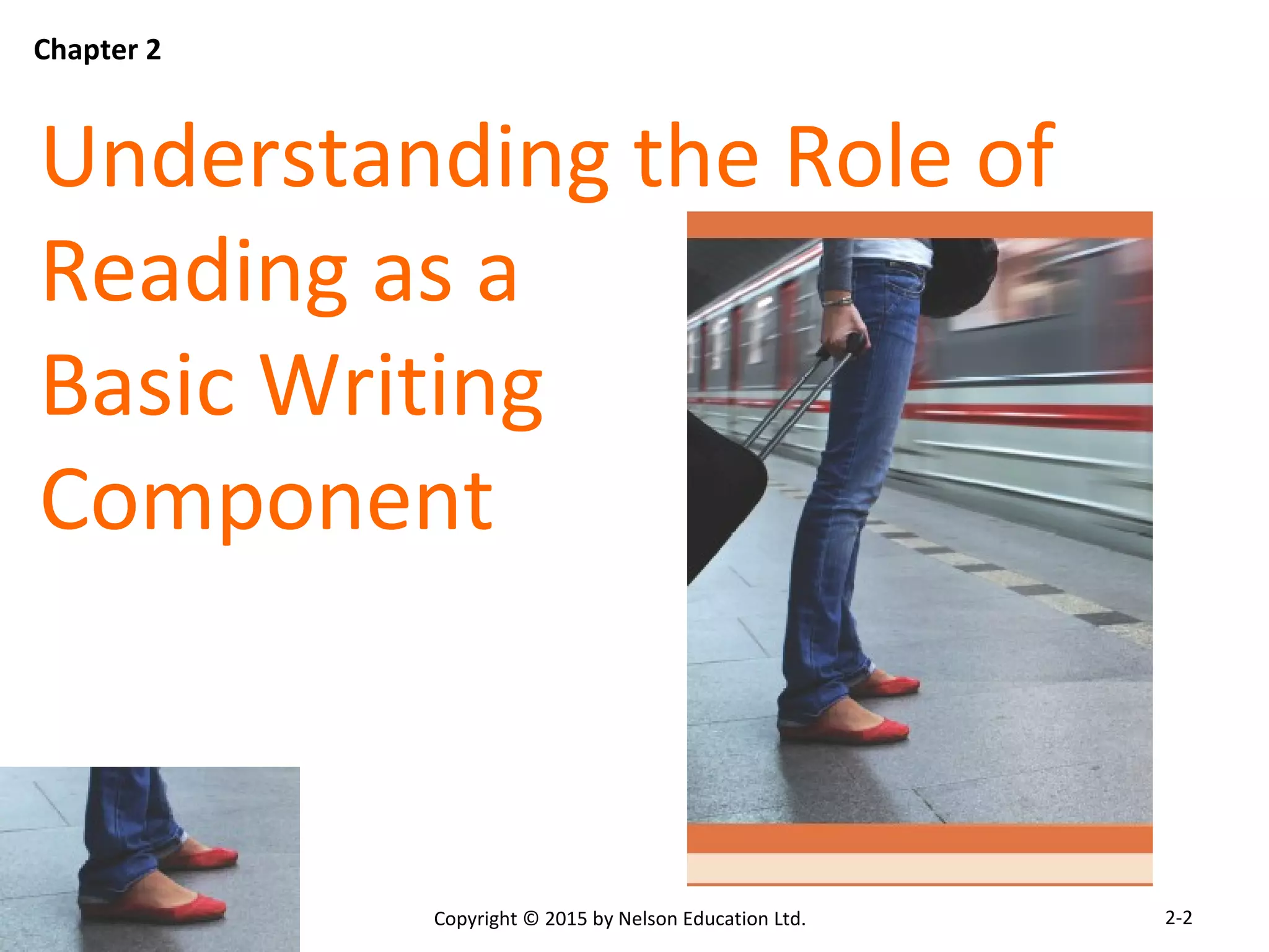 Understanding the Role of 
Reading as a 
Basic Writing 
Component 
Copyright © 2015 by Nelson Education Ltd. 
Chapter 2 
2-2 
 