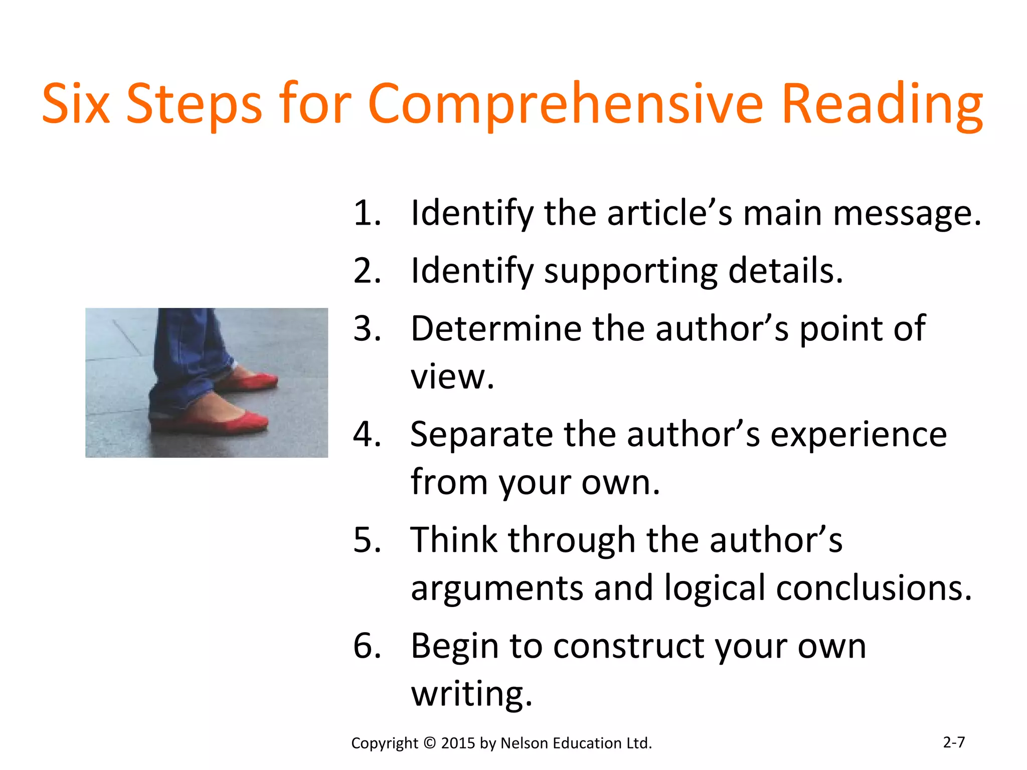 Six Steps for Comprehensive Reading 
1. Identify the article’s main message. 
2. Identify supporting details. 
3. Determine the author’s point of 
view. 
4. Separate the author’s experience 
from your own. 
5. Think through the author’s 
arguments and logical conclusions. 
6. Begin to construct your own 
writing. 
Copyright © 2015 by Nelson Education Ltd. 
2-7 
 