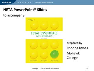 NETA PowerPoint® Slides 
to accompany 
Copyright © 2015 by Nelson Education Ltd. 
prepared by 
Rhonda Dynes 
Mohawk 
College 
2-1 
 