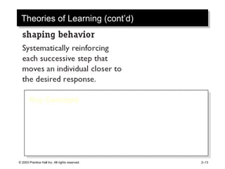 Theories of Learning (cont’d) Key Concepts Reinforcement is required to change behavior. Some rewards are more effective than others. The timing of reinforcement affects learning speed and permanence. 