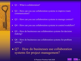  Q1 – What is collaboration?
 Q2 – How can you use collaboration systems to improve team
communication?
 Q3 – How can y...