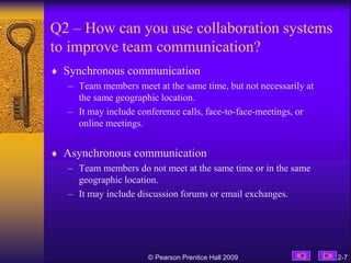 Q2 – How can you use collaboration systems
to improve team communication?
 Synchronous communication
– Team members meet ...