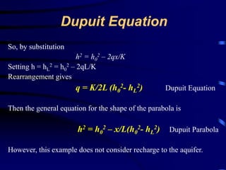 Dupuit Equation 
So, by substitution 
h2 = h0 
2 – 2qx/K 
2 = h0 
Setting h = hL 
2 – 2qL/K 
Rearrangement gives 
2- hL 
q = K/2L (h0 
2) Dupuit Equation 
Then the general equation for the shape of the parabola is 
h2 = h0 
2 – x/L(h0 
2- hL 
2) Dupuit Parabola 
However, this example does not consider recharge to the aquifer. 
 