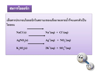 สมการไอออนิก

เมื่อสารประกอบไอออนิกในสถานะของแข็งมาละลายนาก็จะแตกตัวเป็ น
                                           ้
ไอออน

       NaCl (s)             Na+(aq) + Cl- (aq)
       AgNO3(s)             Ag+(aq) + NO3-(aq)
       K2SO4(s)             2K+(aq) + SO42-(aq)
 