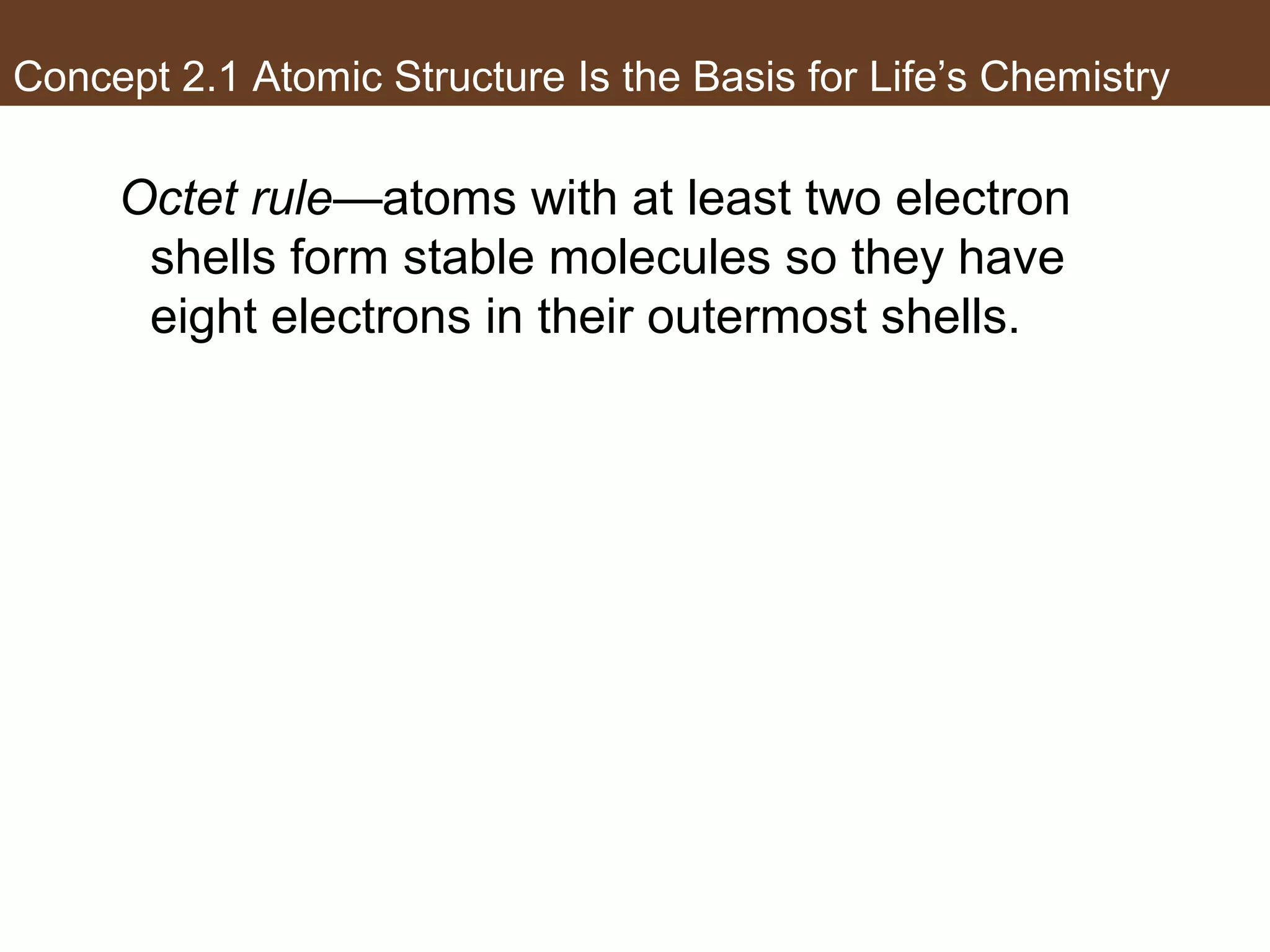 Concept 2.1 Atomic Structure Is the Basis for Life’s Chemistry
Octet rule—atoms with at least two electron
shells form stable molecules so they have
eight electrons in their outermost shells.
 