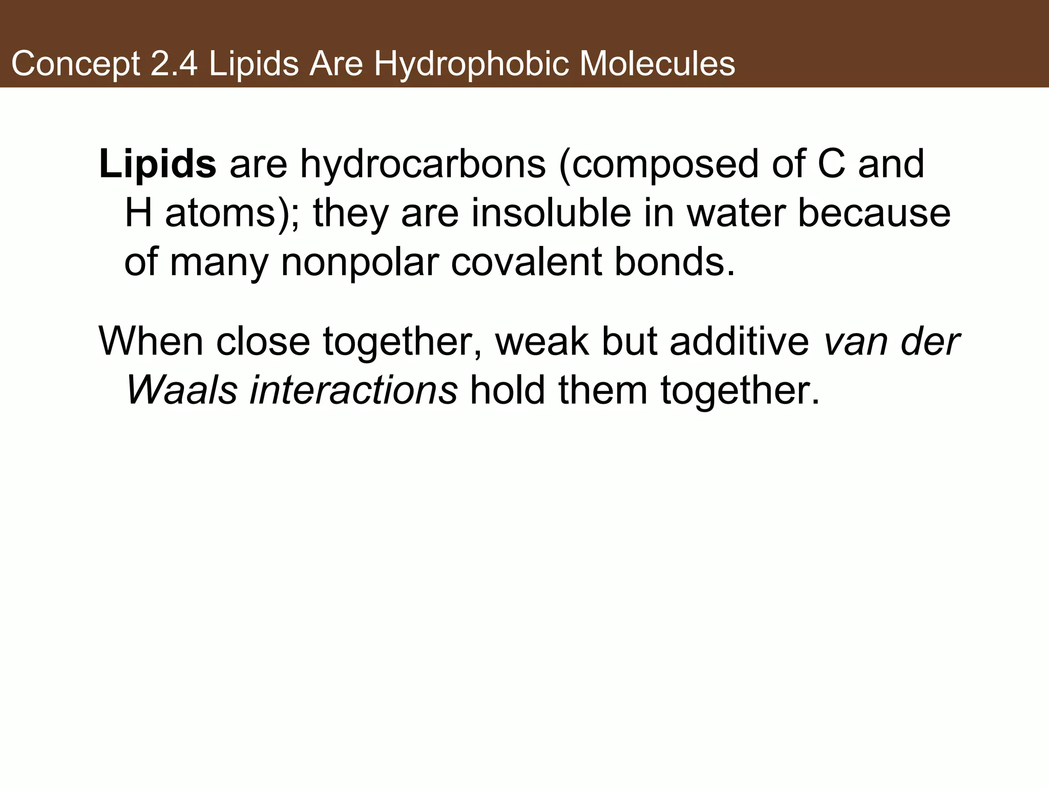 Concept 2.4 Lipids Are Hydrophobic Molecules
Lipids are hydrocarbons (composed of C and
H atoms); they are insoluble in water because
of many nonpolar covalent bonds.
When close together, weak but additive van der
Waals interactions hold them together.
 