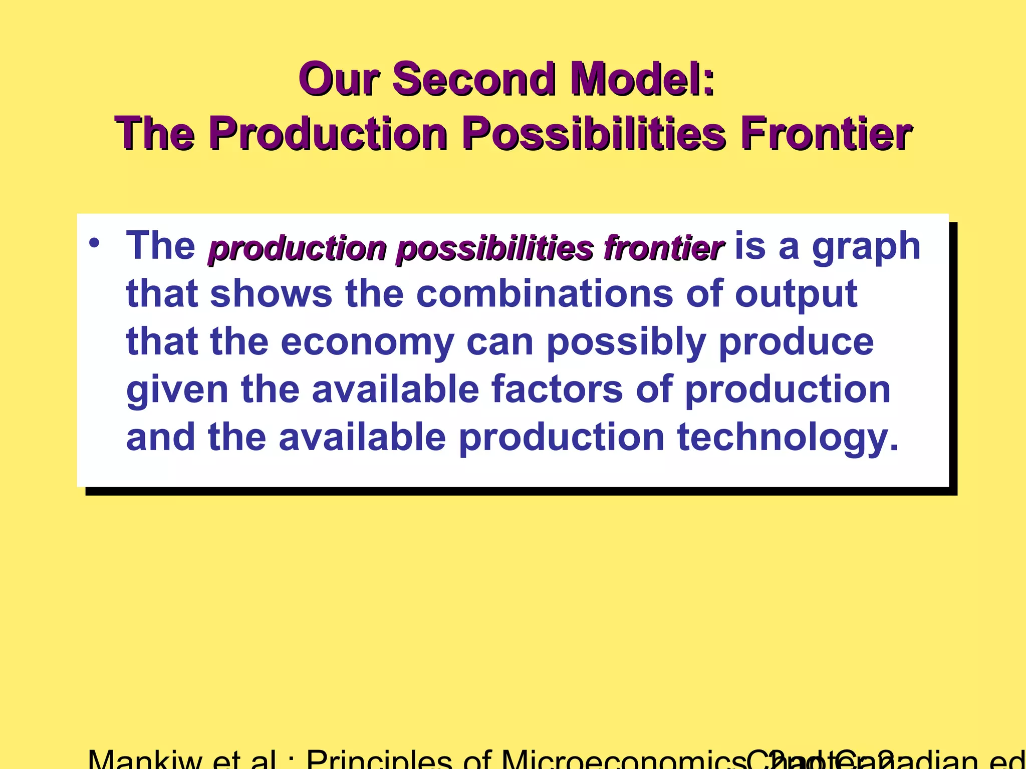 Our Second Model:Our Second Model:
The Production Possibilities FrontierThe Production Possibilities Frontier
• The production possibilities frontierproduction possibilities frontier is a graph
that shows the combinations of output
that the economy can possibly produce
given the available factors of production
and the available production technology.
• The production possibilities frontierproduction possibilities frontier is a graph
that shows the combinations of output
that the economy can possibly produce
given the available factors of production
and the available production technology.
 