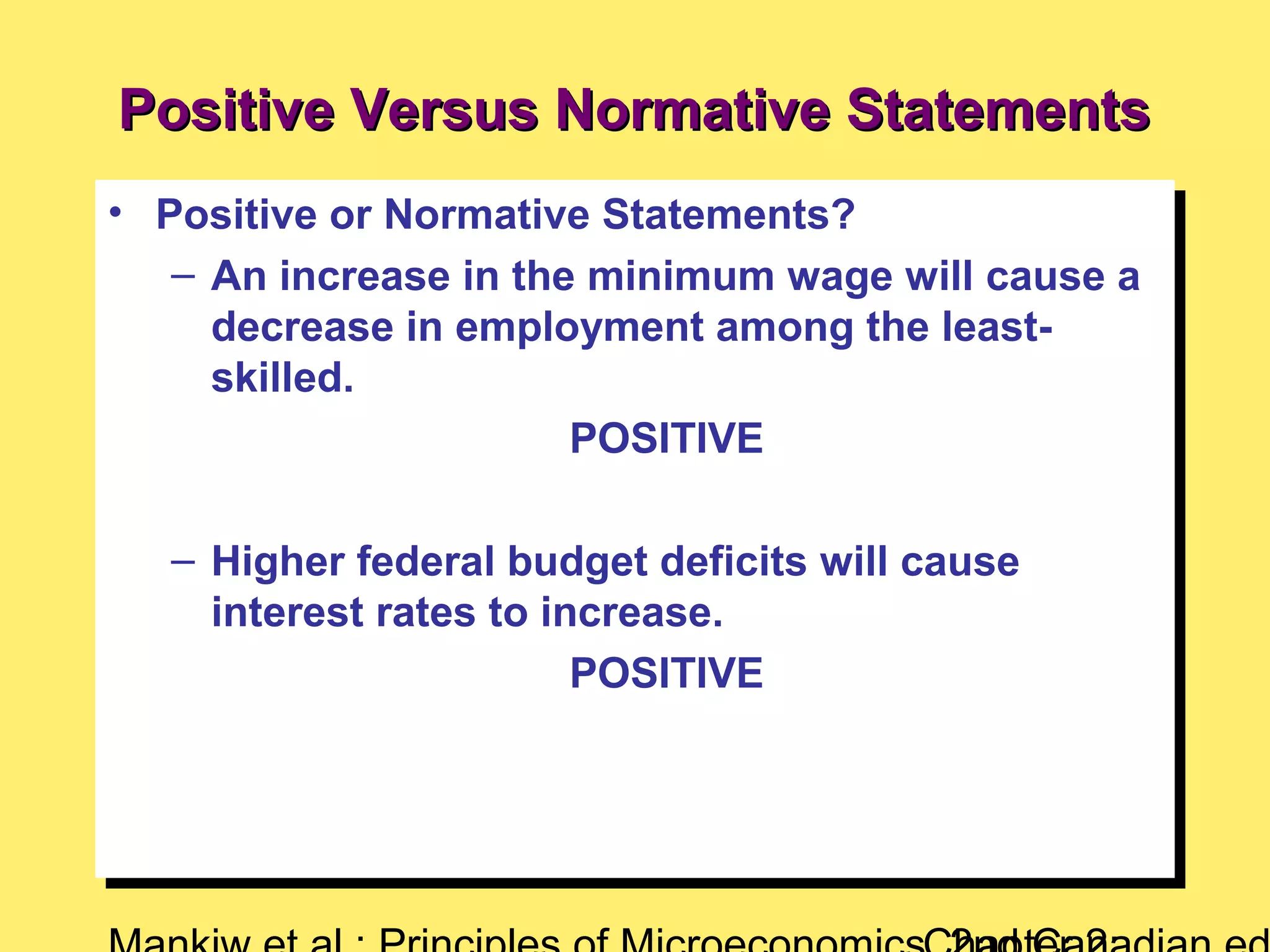 • Positive or Normative Statements?
– An increase in the minimum wage will cause a
decrease in employment among the least-
skilled.
POSITIVE
– Higher federal budget deficits will cause
interest rates to increase.
POSITIVE
• Positive or Normative Statements?
– An increase in the minimum wage will cause a
decrease in employment among the least-
skilled.
POSITIVE
– Higher federal budget deficits will cause
interest rates to increase.
POSITIVE
Positive Versus Normative StatementsPositive Versus Normative Statements
 