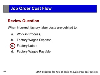 2-20
When incurred, factory labor costs are debited to:
a. Work in Process.
b. Factory Wages Expense.
c. Factory Labor.
d. Factory Wages Payable.
Review Question
LO 2 Describe the flow of costs in a job order cost system.
Job Order Cost Flow
 