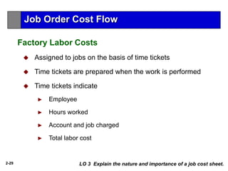 2-29
 Assigned to jobs on the basis of time tickets
 Time tickets are prepared when the work is performed
 Time tickets indicate
► Employee
► Hours worked
► Account and job charged
► Total labor cost
Factory Labor Costs
LO 3 Explain the nature and importance of a job cost sheet.
Job Order Cost Flow
 