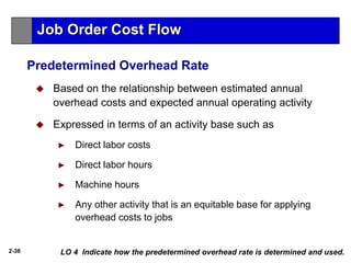 2-36
 Based on the relationship between estimated annual
overhead costs and expected annual operating activity
 Expressed in terms of an activity base such as
► Direct labor costs
► Direct labor hours
► Machine hours
► Any other activity that is an equitable base for applying
overhead costs to jobs
LO 4 Indicate how the predetermined overhead rate is determined and used.
Job Order Cost Flow
Predetermined Overhead Rate
 