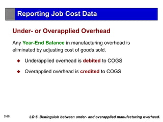 2-59
Any Year-End Balance in manufacturing overhead is
eliminated by adjusting cost of goods sold.
 Underapplied overhead is debited to COGS
 Overapplied overhead is credited to COGS
LO 6 Distinguish between under- and overapplied manufacturing overhead.
Reporting Job Cost Data
Under- or Overapplied Overhead
 