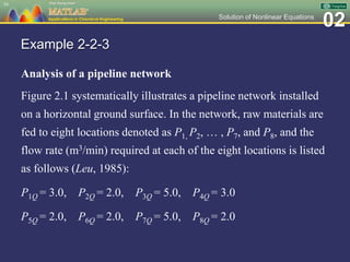 02Solution of Nonlinear Equations
Example 2-2-3
Analysis of a pipeline network
Figure 2.1 systematically illustrates a pipeline network installed
on a horizontal ground surface. In the network, raw materials are
fed to eight locations denoted as P1, P2, … , P7, and P8, and the
flow rate (m3/min) required at each of the eight locations is listed
as follows (Leu, 1985):
P1Q = 3.0, P2Q = 2.0, P3Q = 5.0, P4Q = 3.0
P5Q = 2.0, P6Q = 2.0, P7Q = 5.0, P8Q = 2.0
54
 