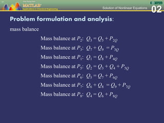 02Solution of Nonlinear Equations
Problem formulation and analysis:
mass balance
Mass balance at P2: Q3 = Q5 + P2Q
Mass balance at P3: Q7 + Q9 = P3Q
Mass balance at P1: Q1 = Q8 + P4Q
Mass balance at P5: Q2 = Q3 + Q4 + P5Q
Mass balance at P6: Q5 = Q7 + P6Q
Mass balance at P7: Q6 + Q8 = Q9 + P7Q
Mass balance at P8: Q4 = Q6 + P8Q
57
 