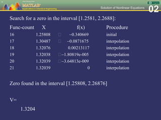 02Solution of Nonlinear Equations
Search for a zero in the interval [1.2581, 2.2688]:
Func-count X f(x) Procedure
16 1.25808 0.340669 initial
17 1.30487 0.0871675 interpolation
18 1.32076 0.00213117 interpolation
19 1.32038 1.80819e-005 interpolation
20 1.32039 3.64813e-009 interpolation
21 1.32039 0 interpolation
Zero found in the interval [1.25808, 2.26876]
V=
1.3204
9
 