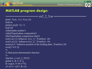 02Solution of Nonlinear Equations
MATLAB program design:
─────────────── ex2_2_5.m ───────────────
plot(1 :N,x(:, 1),1 :N,x(:,2))
hold on
plot([m m],[0 1],'--')
hold off
xlabel('plate number')
ylabel('liquid phase composition')
title('liquid phase composition chart')
text(3,x(3,1),'leftarrow it{x_1} ','FontSize', 10)
text(3,x(3,2),' leftarrowit{x_2} ','FontSize', 10)
text(m,0.5,' leftarrow position of the feeding plate ','FontSize',10)
axis([1 N 0 1])
%
% flash point determination function
%
function y=ex2_2_5f1(T)
global A B C zf q
K=exp(A./T+B+C*T);
yf=zf./(1 +q*(1./K-1));
92
 
